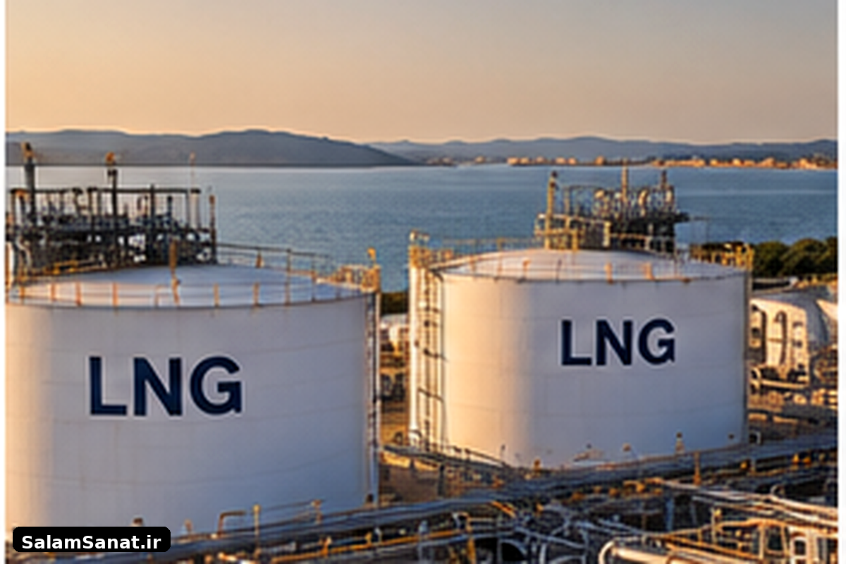 Large LNG export terminal with storage tanks, liquefaction trains and an LNG carrier