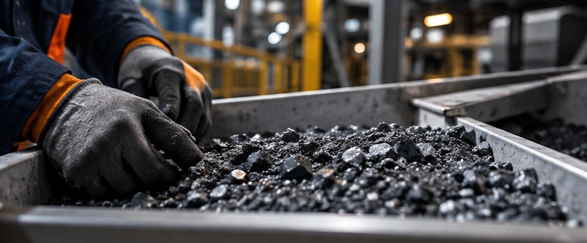 Raw rare earth ore and processed metal ingots on an industrial conveyor line