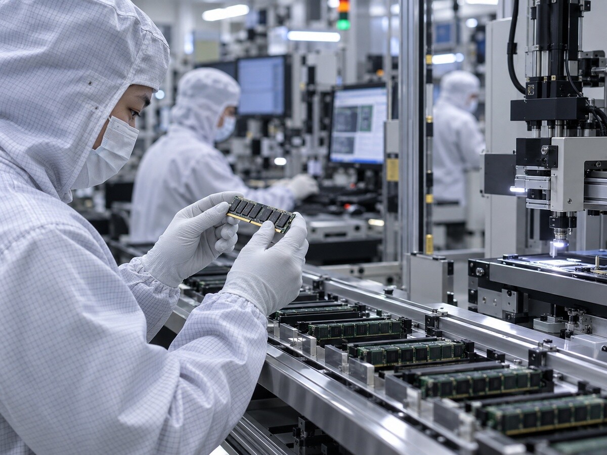 Stacked DRAM and NAND memory chip modules on a circuit board with a rising price chart in the background