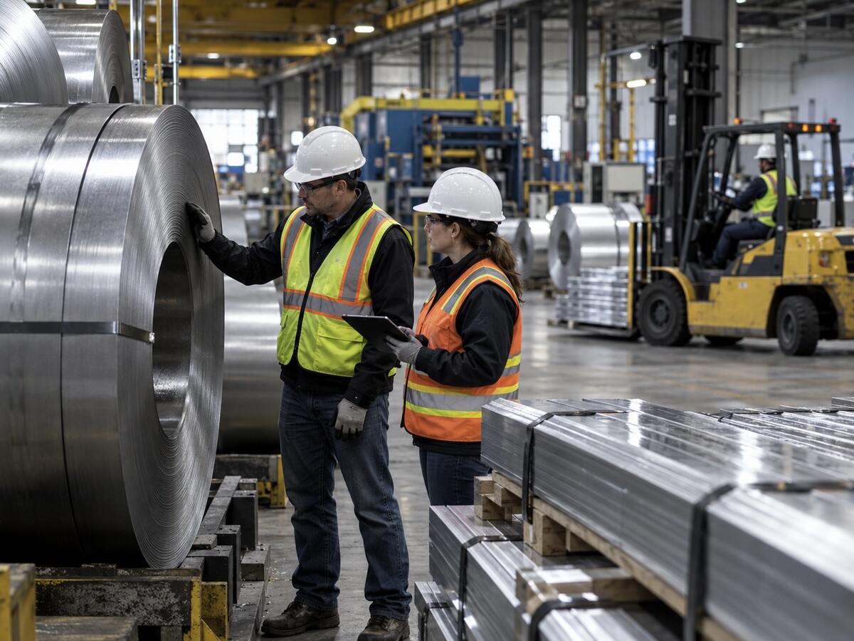Stacks of steel coils and aluminum ingots at a North American industrial port, with Canadian and U.S. flags in the background