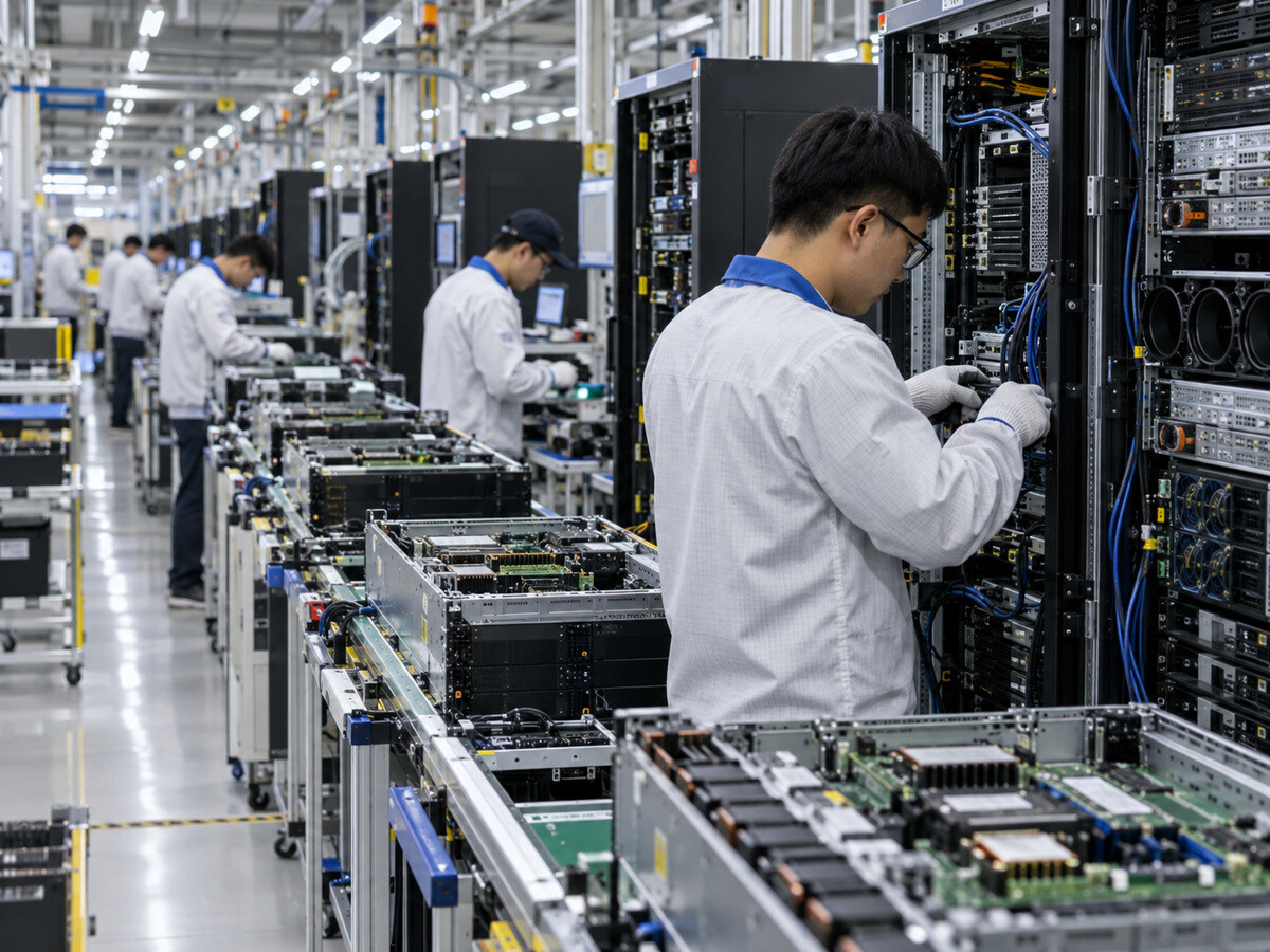 AI server rack assembly line inside a large electronics manufacturing plant with networking equipment