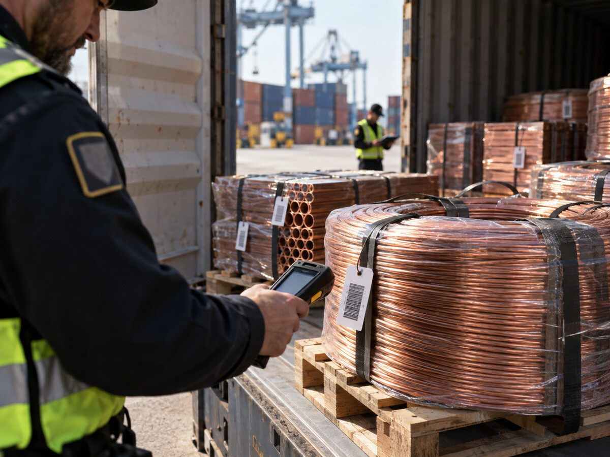 Copper cable and components in a port container shipment with customs traceability labels and origin codes