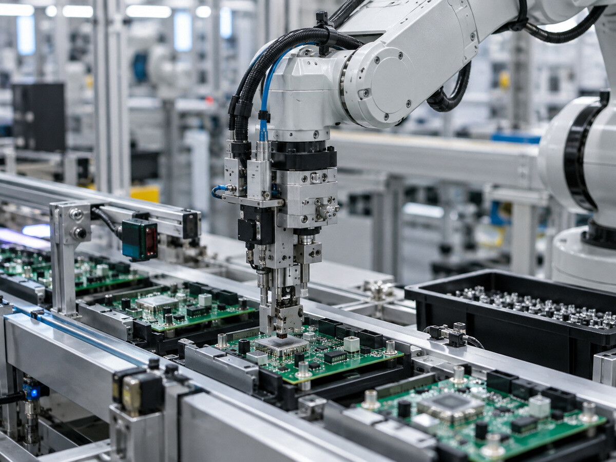 Industrial robotic arm assembling electronic components on a factory production line