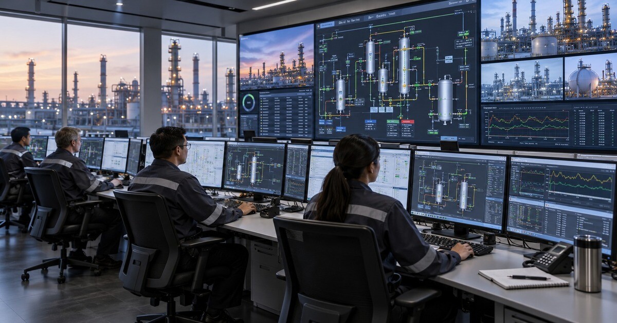 Industrial control room with DCS operator workstations monitoring a continuous process plant
