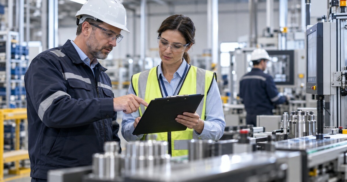 Quality management auditor reviewing ISO 9001 documentation on a factory floor